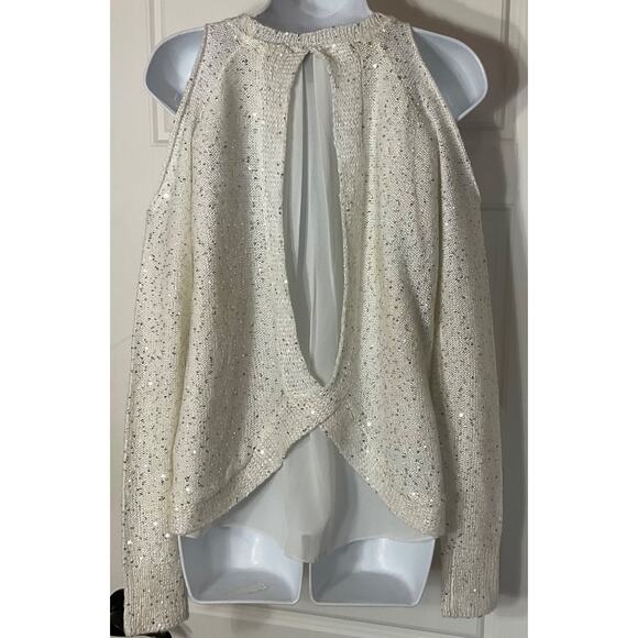 Jessica Simpson Abbey White Cold Shoulder Sequin Sweater/Chiffon Top XS - Picture 3 of 9
